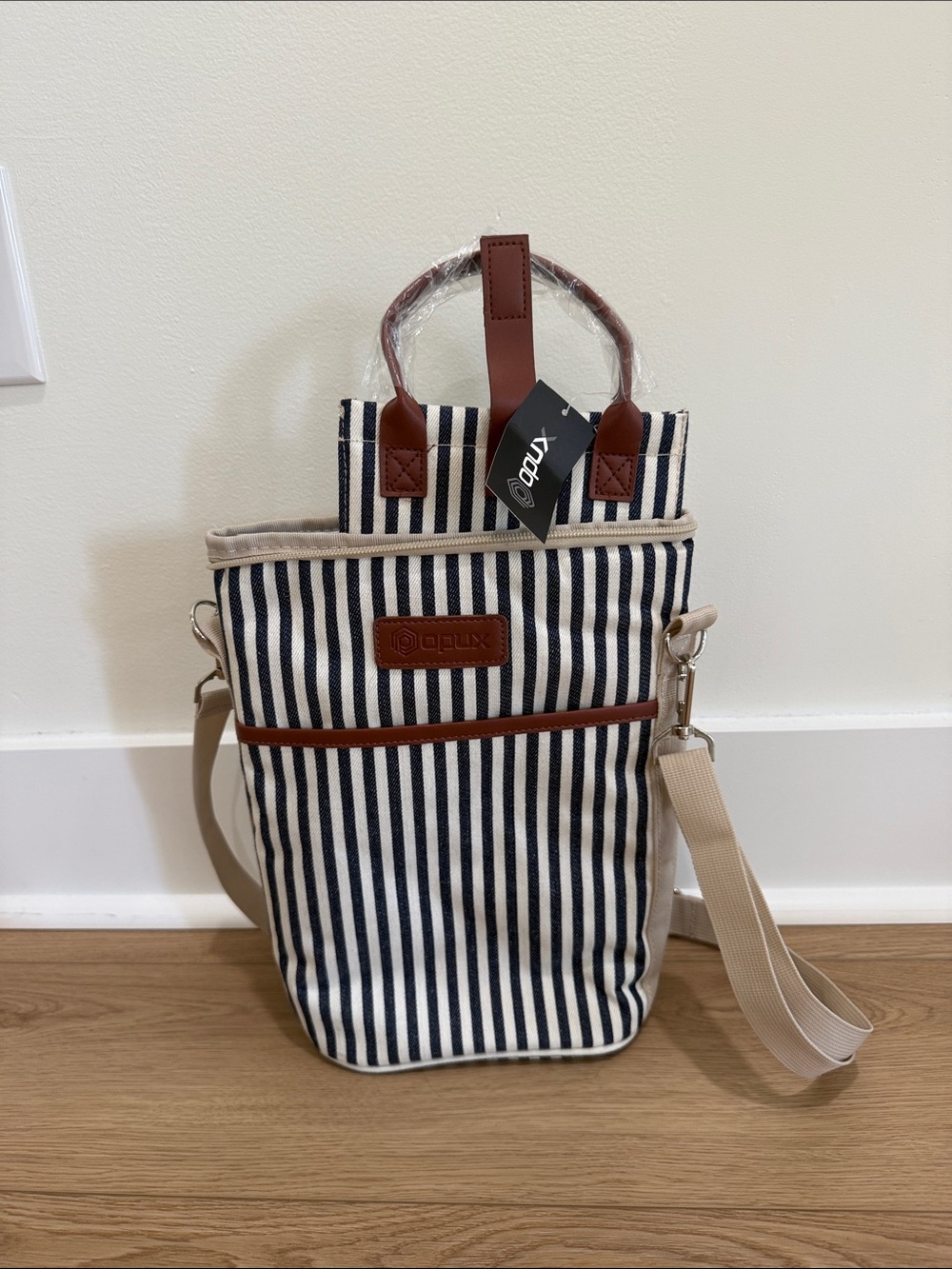 Striped Canvas Messenger Bag with Tan Accents